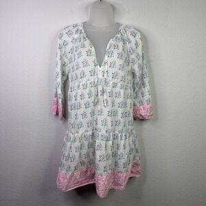 SZ Blockprints Priya Dress Womens S White Pink Tiered V-Neck Boho Vacation